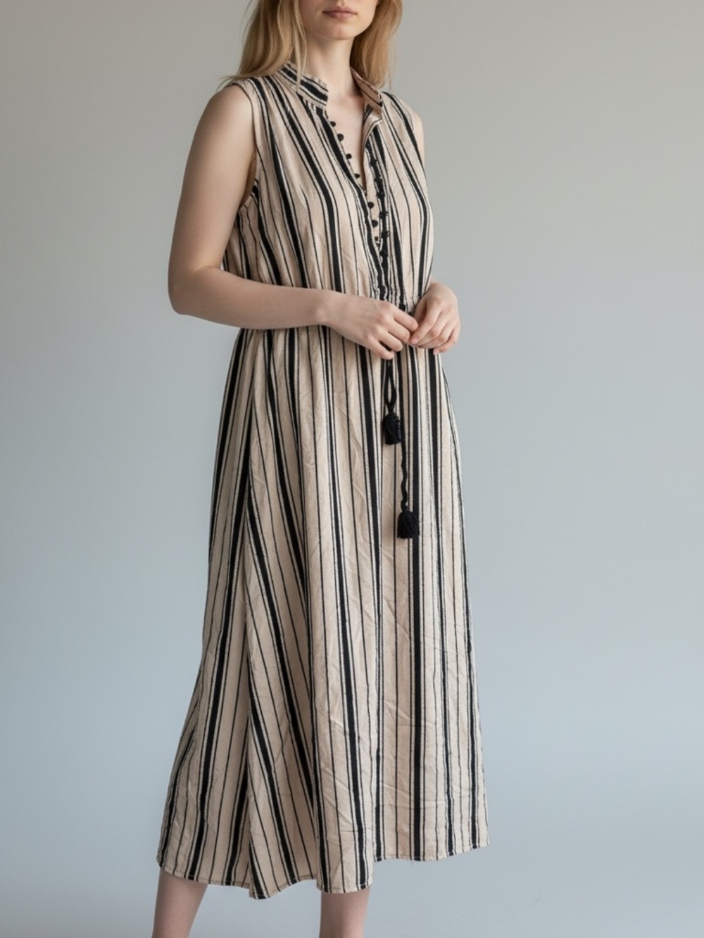 Scanlan Theodore Sleeveless Beige Black Striped Cinch Waist Bohemian Midi Dress